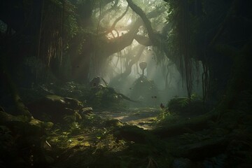 A mystical forest with an ancient presence and enchanting vibes. Generative AI