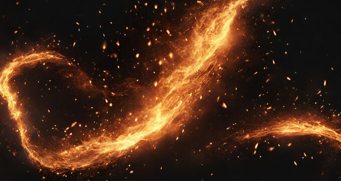 Fiery sparks swirling against a black backdrop resembling gleaming fire particles in the darkness, Ai generative Fire Particles On Hot Black Background realistic image, ultra hd.