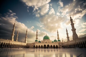 Cloudy sky above Nabawi Mosque in Madinah, Saudi Arabia. Selective focus. Generative AI - obrazy, fototapety, plakaty
