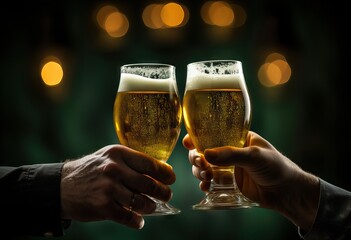 Two mans holding a glass with cold fresh beer on blurred green background. Oktoberfest and St. Patrick's day celebration in a pub or bar. Card, banner, poster, flyer with copy space - obrazy, fototapety, plakaty