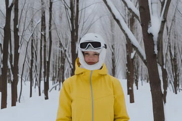 Fototapeta na wymiar Portrait of young human in ski mask. Neural network AI generated art