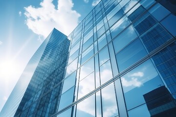 Fototapeta na wymiar Blue glass skyscraper with clouds reflecting in the windows