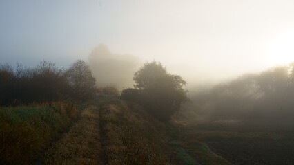 濃霧に霞む冬の田舎の朝