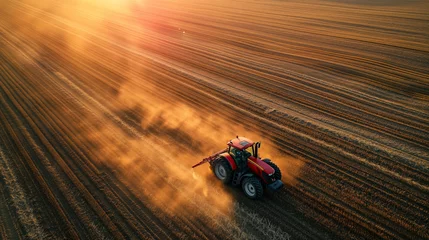 Foto op Canvas A farmer driving a tractor in a field in a sunset. © CoolGraphics