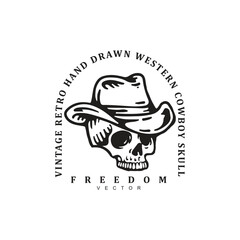 Vintage retro hand drawn cowboy skull with cowboy hat logo design badge