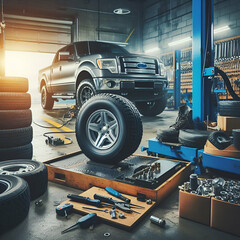 Automobile Car and Truck Tire at the Repair Shop with Pneumatic Wrenches & other Tools / Tire Changer / Lift Service Garage Background Maintenance Wheel Changing Storage Working Checking Condition New - obrazy, fototapety, plakaty