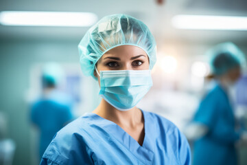 A Portrait of a Determined Female Orthopedic Surgeon, Dressed in Scrubs, Standing in a Brightly Lit Operating Room, Holding a Surgical Instrument, with a Look of Concentration and Confidence