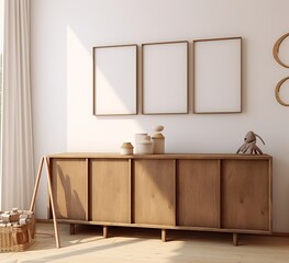 Wooden dresser with frames and toys in a modern interior