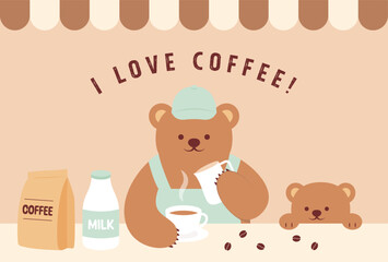 vector background with a teddy bear cafe staff making coffee for banners, cards, posters, social media wallpapers, etc.