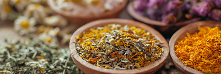 assortment of dry tea in wooden bowls, healing herbs in with chamomile and essentials, panorama backgrounds banner.