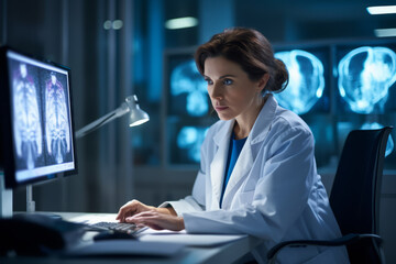 A dedicated female neurologist in her mid-thirties, deeply engrossed in studying a brain scan, surrounded by medical books and equipment in her well-lit office