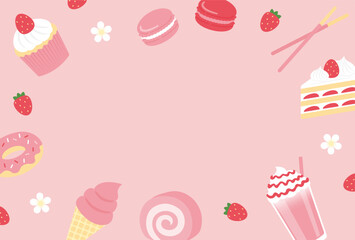 vector background with a set of strawberry cakes and desserts for banners, cards, flyers, social media wallpapers, etc.