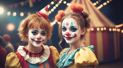 Portrait of two female clowns in a circus
