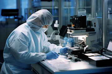 Naklejka premium A dedicated forensic scientist meticulously examining evidence in a state-of-the-art laboratory, surrounded by high-tech equipment and detailed case files