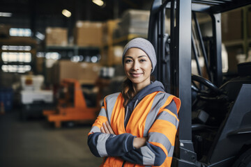 Fototapeta na wymiar Portrait of a Confident Female Forklift Operator in Her Natural Industrial Environment, Wearing Safety Gear and Displaying a Strong Work Ethic