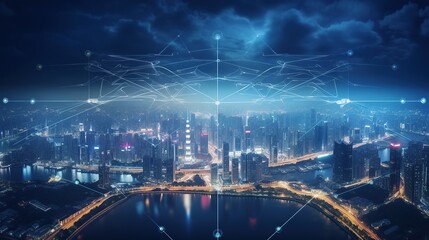 Fototapeta premium male businessman,Successful businessman standing ,On top of building and looking at Skyline Night Light.