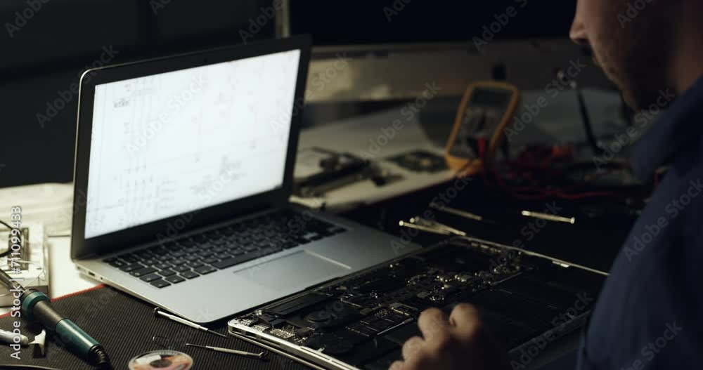 Poster Motherboard, laptop and man repair hardware, electronics or problem solving semiconductor in maintenance check. Night, mockup screen space and person upgrade computer system, CPU circuit or fixing PC