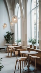 Elegant European cafe with large windows