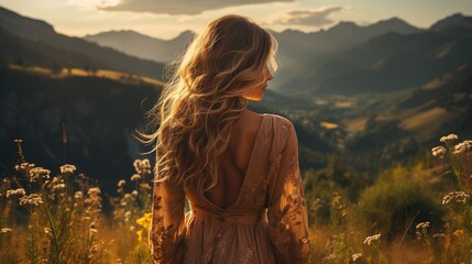 Young woman standing in a field of flowers looking at the sunset - obrazy, fototapety, plakaty