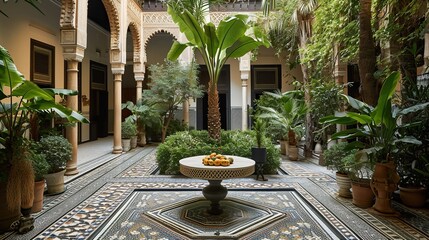 Fototapeta na wymiar Serene Oasis: Traditional Islamic Courtyard with Lush Greenery, Showcasing Date Fruit on Mosaic Tabletop