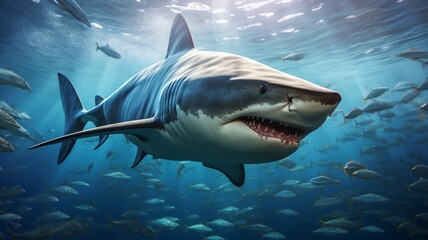 Majestic Great White Shark Swimming in Crystal Clear Ocean Waters with Sunlight Piercing Through the Depths - AI-Generative