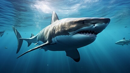 Fototapeta premium Majestic Great White Shark Swimming in Crystal Clear Ocean Waters with Sunlight Piercing Through the Depths - AI-Generative