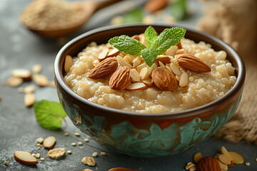 Quinoa porridge with almond milk and sliced almonds - obrazy, fototapety, plakaty