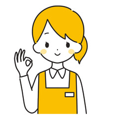 オレンジ色｜OKマークの女性店員｜エプロン