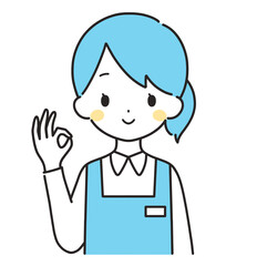 水色｜OKマークの女性店員｜エプロン