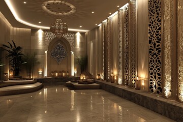 Fototapeta premium Glowing Elegance: Islamic Interior Bathed in Low-Light Ambiance, Highlighting Ornate Details and Calligraphy