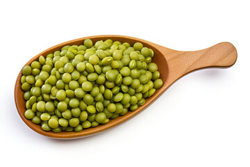 close up the green mung beans in wooden spoon on white background