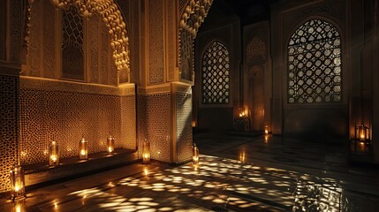 Subdued Splendor: Low-Light Islamic Interior with Soft Lighting, Showcasing Rich Design Elements