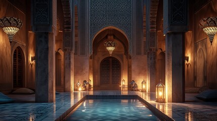 Sublime Illumination: Low-Light Islamic Interior with Soft Lighting Unveiling Intricacies of Patterns and Architectural Elements