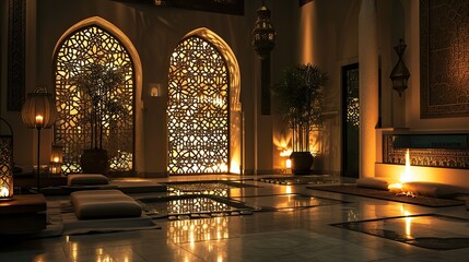 Sublime Illumination: Low-Light Islamic Interior with Soft Lighting Unveiling Intricacies of Patterns and Architectural Elements