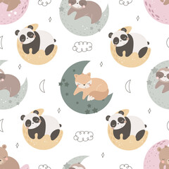 Seamless pattern with cute sloth, panda, fox, decor elements. simple flat vector. Hand drawing for children. animal theme. baby design for fabric, textile, wrapper, print.
