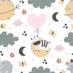 Seamless pattern with cute zebra, elephant, decor elements. simple flat vector. Hand drawing for children. animal theme. baby design for fabric, textile, wrapper, print.