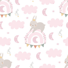 Seamless pattern with cute bunny, rainbow, decor elements. simple flat vector. Hand drawing for children. animal theme. baby design for fabric, textile, wrapper, print.	