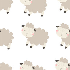 Seamless pattern with cartoon sheep. Colorful vector, flat style. baby design for fabric, print, textile, wrapper.