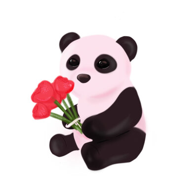 Illustración oso panda con ramo de rosas estilo animado 3D Día de San Valentín sin fondo