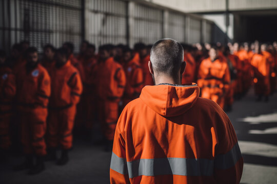 Inmates in a penitentiary center. Group of unrecognizable prisoners in orange uniform in jail. Lineup of anonymous people with prison outfit.