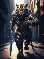 Anthropomorphic tiger warrior with sword, angry tiger is running and roaring, Wallpaper and Background for Cell Phone, Smartphone, Computer, Tablet, Cellphone, Wall Art for Home Decor