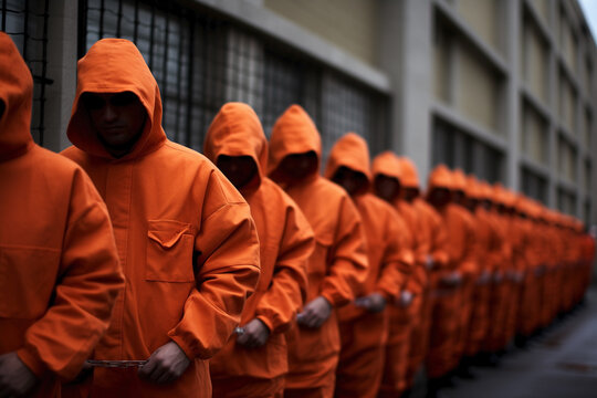 Inmates in a penitentiary center. Group of unrecognizable prisoners in orange uniform in jail. Lineup of anonymous people with prison outfit.