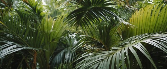 Fototapeta premium Dark green palm leaf texture in wild tropical garden, closeup, decorative wallpaper