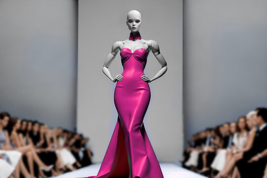 Futuristic Elegance: Cyborg Runway Showcase. Female mannequin on the catwalk wearing elegant attire. Mannequin comes to life