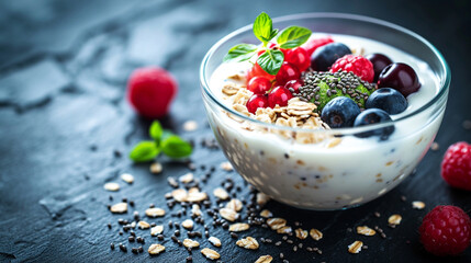 yogurt with berries - obrazy, fototapety, plakaty