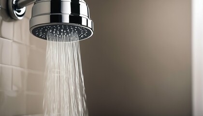 Close-up of water-saving shower head, clean water flow, droplets and splashes, bathroom fixtures concept - obrazy, fototapety, plakaty