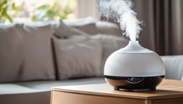 Commercial photo for catalog - white humidifier on table, blurred living room background, cozy home interior design, steam jet visible