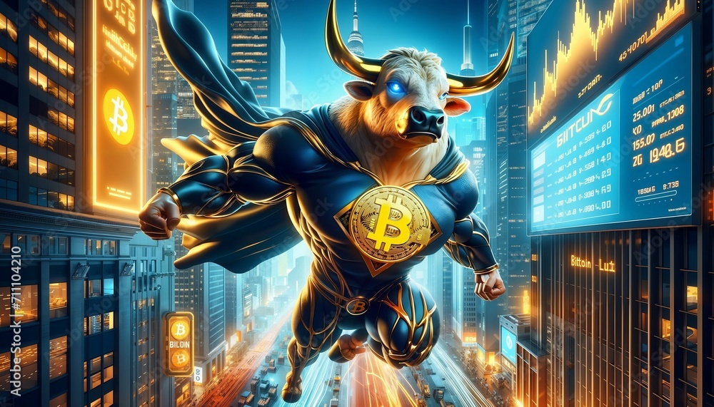 Poster Bullish portrait of a bull with Bitcoin sign - bullish market concept, bull run