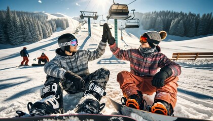 Snowboarders high-fiving on ski slope top under ski lift - sunny morning with beautiful mountain and forest scenery - obrazy, fototapety, plakaty