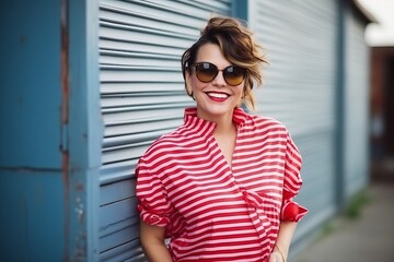 Portrait of a beautiful woman in red striped dress and sunglasses posing on the street.